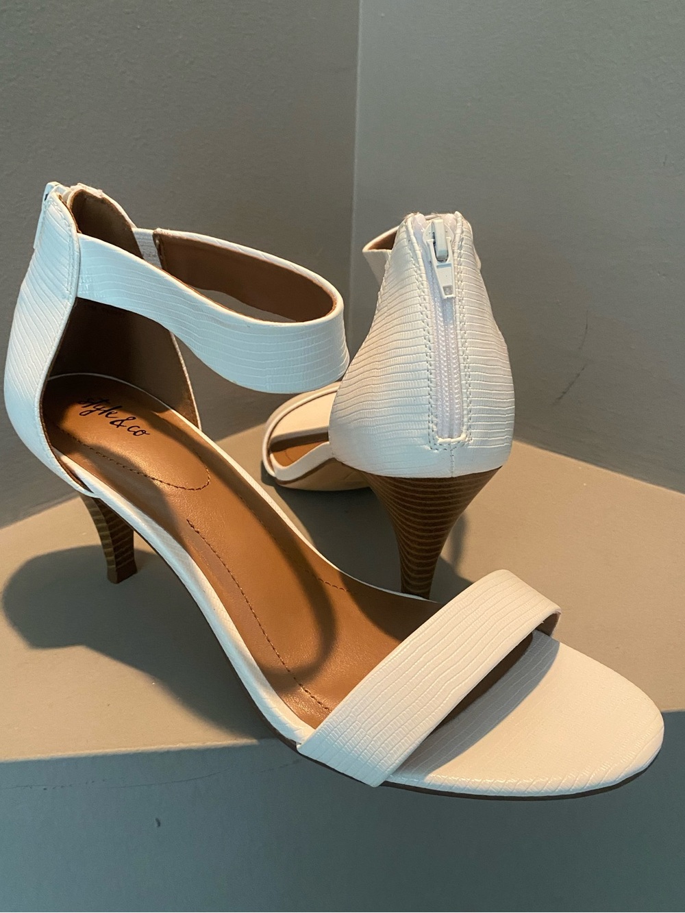 White snakeskin ankle strap heel by Style & Co.